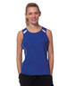 A blue ladies' singlet with white accents, featuring a logo, and a relaxed fit.
