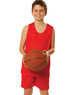 A boy wearing a red basketball vest and matching red shorts holds a basketball. The outfit features a logo.