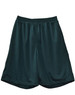 Dark green kid's basketball shorts made from lightweight fabric, featuring an elastic waistband and a logo.