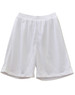 White kid's basketball shorts with a breathable mesh fabric and an elastic waistband. Features a logo.