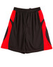 Kid's basketball shorts featuring a black body with red accents and an elastic waistband. Includes a branding logo.