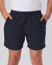 Adult microfibre shorts in navy blue with an elastic waistband and side pockets. Features a logo on the hem.