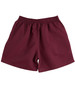 Burgundy microfibre sports shorts with an elastic waistband and smooth fabric. Features a logo.