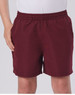 Kids microfibre sports shorts in a deep burgundy colour, featuring an elastic waistband and side pockets.