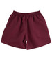 Maroon kids' microfibre sports shorts with an elastic waistband and no pockets, featuring a logo.