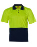A high-visibility short-sleeve safety polo in fluorescent yellow and navy blue, featuring a pocket and a logo.
