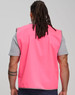 A pink Hi-Vis safety vest with a simple design and a branding logo, viewed from the back.