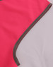 A bright pink safety vest with contrasting grey trim, featuring a smooth, durable fabric. It has a logo visible.