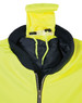 A bright yellow hi-vis flying jacket with a black collar and a concealed hood, featuring a zipper and drawstring.