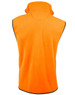 A polar fleecy vest in high-visibility orange, featuring a collar and black edging, with a branding logo.