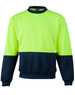 Hi-Vis two-tone windcheater in fluorescent yellow and navy, featuring a crew neck and ribbed cuffs. It has a logo.