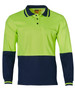 A long-sleeve safety polo shirt in bright green with navy blue accents and a chest pocket, featuring a logo.