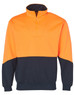 A Hi-Vis long sleeve windcheater collar in bright orange and navy, featuring a zip and a logo.