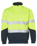 Hi-vis long sleeve fleece collar sweater in bright yellow with silver reflective stripes and navy blue accents.