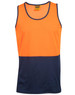 A hi-vis singlet in bright orange with a navy blue bottom section, featuring a logo on the label.