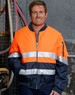 A Hi-Vis two-tone jacket in orange and navy, featuring reflective 3M tapes and a zip closure. It has a logo on the sleeve.