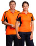 A men's and women's work polo shirt in bright orange with black detailing and a logo. Suitable for workwear.