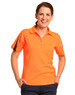 A women's short-sleeve polo shirt in bright orange with contrasting details and a logo on the chest.