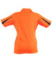 A women's short-sleeve polo shirt in bright orange with black accents and a logo on the back.