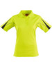 A ladies' short-sleeve polo shirt in fluorescent yellow with black accents and a logo.