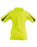 A bright yellow short-sleeve polo shirt with black detailing and a logo on the back.