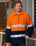 A high-visibility two-tone safety jacket featuring orange and navy colours with reflective 3M tape.