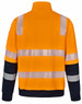 An orange and navy work jumper featuring reflective stripes and a collar, designed for safety.