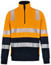 A high-visibility jumper in orange and navy with reflective stripes and a quarter zip. It features a logo on the sleeve.