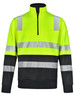 A high-visibility jumper in fluorescent yellow and black with reflective stripes and a half-zip collar.