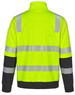 A high-visibility yellow safety jumper with reflective stripes and black sleeves, featuring a logo on one sleeve.