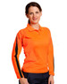 A bright orange long-sleeve polo shirt with black accents and a logo on the chest.