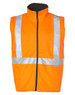A reversible safety vest in bright orange with reflective silver 3M tapes and a zippered front.