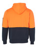 A two-tone kangaroo pocket hoodie featuring bright orange and navy blue colours, with a hood and a side pocket.