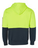 A Hi-Vis two-tone hoodie in fluorescent yellow and navy, featuring a hood and kangaroo pocket, with a logo on the sleeve.