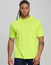 A bright yellow short-sleeved safety tee worn by a model, featuring a simple design and a logo.