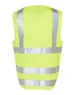 A bright yellow safety vest featuring reflective silver tapes and an ID pocket on the back.