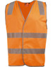 An orange safety vest featuring shoulder reflective tapes and a logo. Suitable for safety wear.