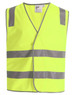 A bright yellow safety vest featuring grey shoulder reflective tapes and a front opening. It includes a logo on the label.