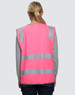A pink safety vest featuring grey reflective stripes and a logo. Ideal for high-visibility safety wear.