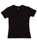 A black ladies' fitted stretch tee with short sleeves and a tag on the inside.