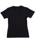 A black ladies' fitted stretch tee with short sleeves and a logo on the neckline.