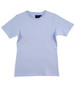 A light blue ladies' fitted stretch tee with a round neck and short sleeves, featuring a logo.