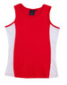 A red singlet with white side panels, featuring a branding logo on the label.