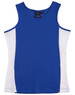 A blue singlet with white contrast panels and a brand logo on the neckline.