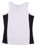 A white and black ladies singlet with a contrast design and a logo on the back.