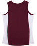 A maroon and white singlet featuring a contrasting design and a logo.