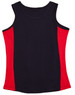 A ladies singlet featuring a navy body with red contrast side panels and a logo on the front.