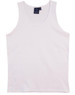 A white men's cotton singlet with a round neckline. It features a logo label on the inside.