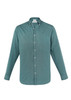 A green long sleeve button-up shirt with a collar and front buttons, featuring a logo on the label.