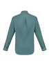 A long sleeve button-up shirt in a muted green colour, featuring a back pleat and buttoned cuffs.